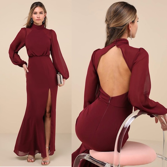 NWT LULUS Burgundy Sheer Puff Long Sleeve Mockneck Open Back Side Slit Gown M - Picture 1 of 5